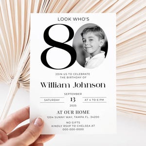 Male 80th Birthday Invitation Template, Look Who&#39;s 80, Photo 80th Birthday Invite, Editable Template, Black and White 80th Birthday