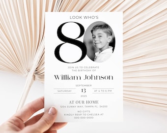 Male 80th Birthday Invitation Template, Look Who's 80, Photo 80th Birthday Invite, Editable Template, Black and White 80th Birthday