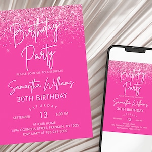 Editable Pink Birthday Invitation, Printable Birthday Party Invite, Editable Template, Instant Download