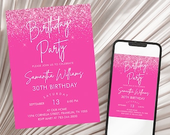 Editable Pink Birthday Invitation, Printable Birthday Party Invite, Editable Template, Instant Download