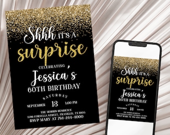 60th Birthday Invitation Printable, Birthday Surprise Party, Black Gold Birthday Invitation, Editable 70th 80th, Instant Download