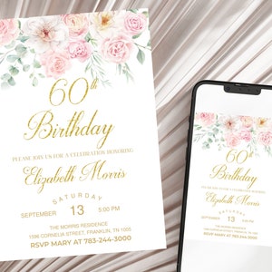 Editable 60th Birthday Invitation, Women Floral Birthday Invitation, Women Birthday Invite, Gold 60th Birthday Invitation