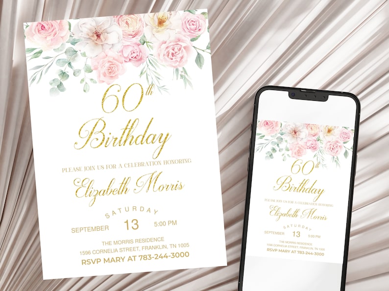 Editable 60th Birthday Invitation, Women Floral Birthday Invitation