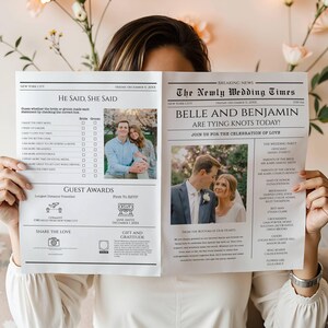 以下が含まれることがあります： 「The Newly Wedding Times」というタイトルの新聞を手に持っている人。見出しは「BELLE AND BENJAMIN ARE TYING KNOTS TODAY!」です。新聞には結婚式の写真やテキストが含まれており、「He Said, She Said」と「Guest Awards」というセクションがあります。