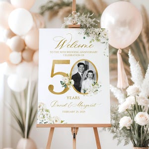 Photo Anniversary Welcome sign, 50th Wedding Anniversary Welcome Sign, 50th Anniversary Decoration, Floral Golden Anniversary Sign, Editable