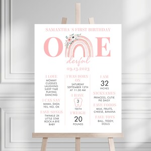 EDITABLE 1st Birthday Milestone Sign, Onederful Birthday Milestone Poster, Pink Boho Rainbow Girl Birthday Milestone Sign, Instant Download