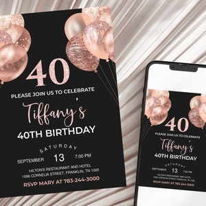 40th Birthday Einladung Editable 40th Invite Rose Gold Einladung, Luftballons, Für Sie Printable