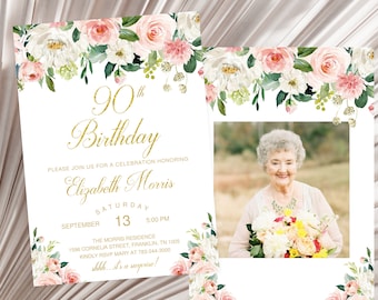 90th Birthday Invitation, Floral Birthday Invitation, Editable, Blush Pink Women Birthday Invitation, Pink and Gold Adult Birthday Invite