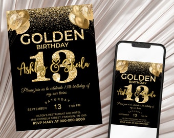Golden Birthday invitation Black and Gold glitter birthday invitation Golden birthday invite Twins 13th Birthday invitation