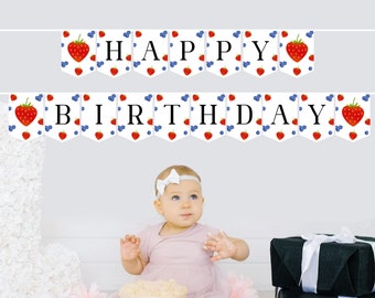 Happy Birthday Banner Strawberry Blueberry Banner Berry First Birthday Girl Decor Berry Sweet 1st Download Editable PRINTABLE DIGITAL DIY