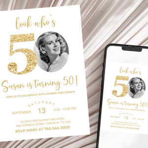 Editable 50th Invitation with photo, Look Who's 50, 50th Birthday Invitation Template, Gold 50th Invitation, Editable, Printable