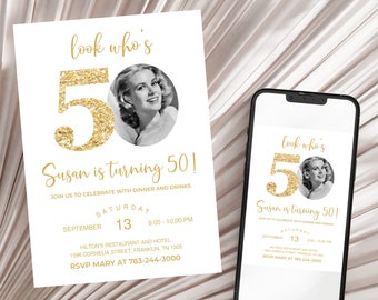 Editable 50th Invitation with photo, Look Who's 50, 50th Birthday Invitation Template, Gold 50th Invitation, Editable, Printable