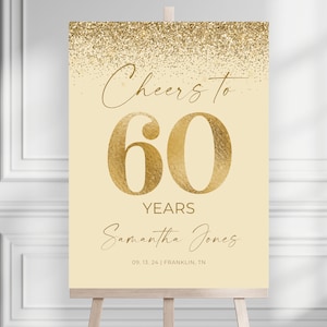 Gold 60th Sixty Birthday Party Welcome Sign, Editable Sign, Printable Gold Birthday Welcome Sign Template, Hello Sixty Cheers