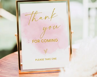 Thank You for Coming Please Take One Printable Sign, Watercolor Blush Pink & Gold Shower Favor Sign, Instant download