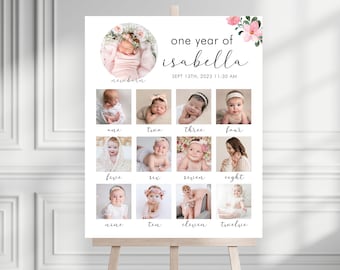 Printable One Year Of Photo Poster Template, Modern 1st Birthday Picture Collage, Editable Minimalist My First Year Board, Instant Download