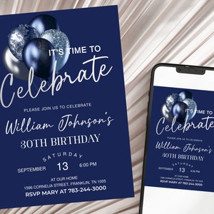 Invitation d'anniversaire argent bleu marine modifiable, invitation de fête d'anniversaire imprimable, célébrons, modèle modifiable, téléchargement immédiat