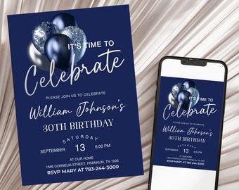 Editable Navy Blue Silver Birthday Invitation, Printable Birthday Party Invite, Let's Celebrate, Editable Template, Instant Download