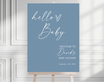 Znak powitalny na baby shower dla chłopca, znak powitalny na baby shower w stylu boho, niebieski baby shower, witaj dziecko, minimalistyczny plakat powitalny na baby shower
