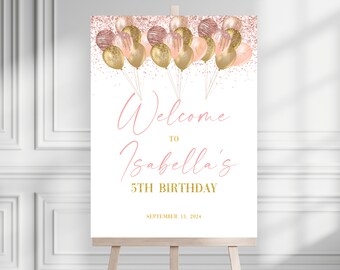 Plantilla de signo de bienvenida de cumpleaños dorado y rosa, globos editables, cartel de decoración de fiesta de cumpleaños imprimible con rubor rosa
