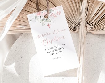 Pink Floral Baptism Thank You Tag, First Baptism, Watercolor Pink, Cross, Boho, Girl, Favor Tag Template