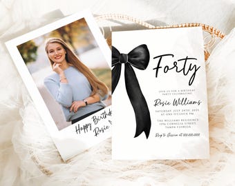 Black Bow Birthday Invitation Template, 40th Birthday Party, Minimalist Black Bow Photo Invitation, Editable Digital Download