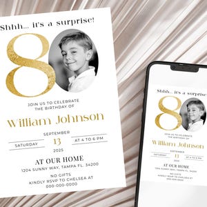 Surprise Birthday Invitation, 80th Birthday Invitation Template, Look Who&#39;s 80, Photo 80th Birthday Invite, Editable, Black and Gold