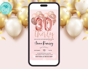 Rose Gold Glitter 30th Birthday Invitation, Editable Birthday Invite, Evite