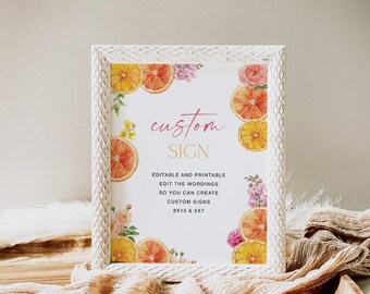 Plantilla de letrero editable personalizado con cítricos, letrero personalizado para despedida de soltera con cítricos, decoración para despedida de soltera Main Squeeze, letrero floral imprimible con cítricos