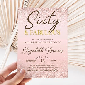 60th Birthday Invitation Printable Rose Gold Sixty and Fabulous Dinner Party Invite for Ladies Editable Digital Download 60th invitation