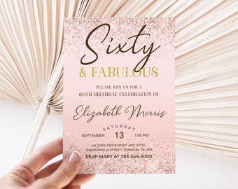 60th Birthday Invitation Printable Rose Gold Sixty and Fabulous Dinner Party Invite for Ladies Editable Digital Download 60th invitation