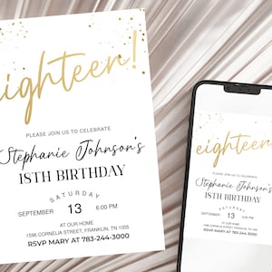 18e anniversaire Invitation tout blanc or fête inviter pour hommes ou dames imprimable modifiable modèle de téléchargement instantané