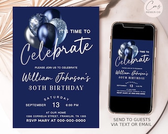 Editable Navy Blue Silver Birthday Invitation, Printable Birthday Party Invite, Let's Celebrate, Editable Template, Instant Download