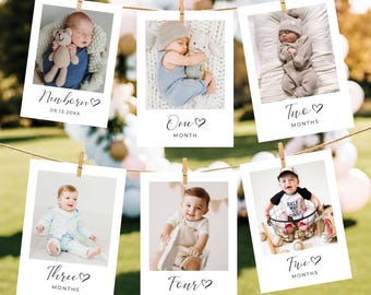 Striscione fotografico per il primo compleanno, Striscione fotografico per il primo compleanno, Biglietti fotografici mensili moderni e minimalisti per le tappe fondamentali, Biglietti fotografici neutri per genere