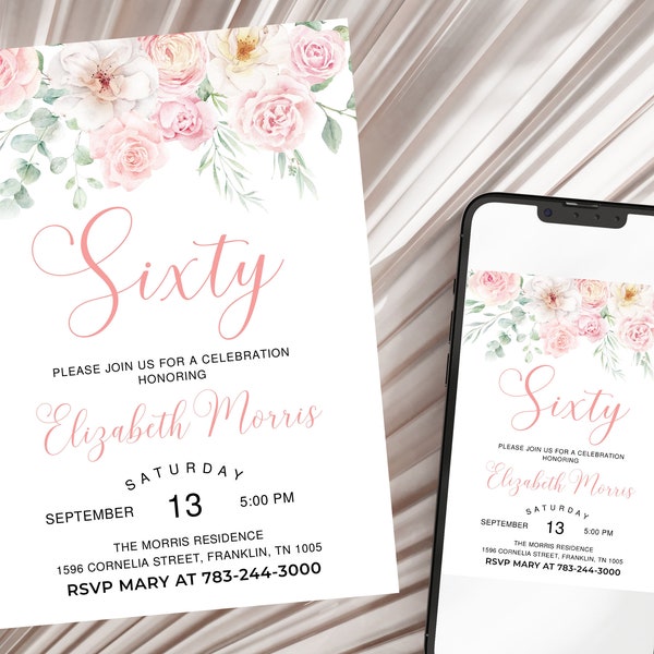 Editable 60th Birthday Invitation, Women Sixty Floral Birthday Invitation, Women Birthday Invite, Blush Pink 60th Birthday Invitation