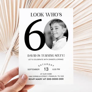 Look Who&#39;s 60 Funny Birthday Invitation, 60th Invitation with photo, 60th Birthday Invitation for Men, Simple 60th Invite, Male 60th Invites