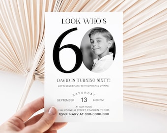 Look Who's 60 Funny Birthday Invitation, 60th Invitation with photo, 60th Birthday Invitation for Men, Simple 60th Invite, Male 60th Invites