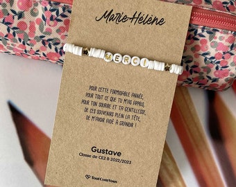 Bracelet cadeau fin d'année Merci maîtresse / Merci maître en perles heishi et sa carte personnalisée en Kraft
