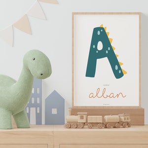 Nombre inicial del dinosaurio del póster personalizable - Poster children's room