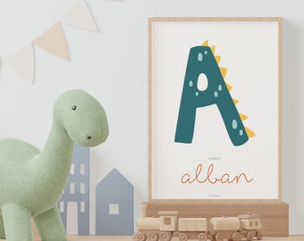 Affiche personnalisable dinosaure initiale prénom - Poster chambre d'enfants