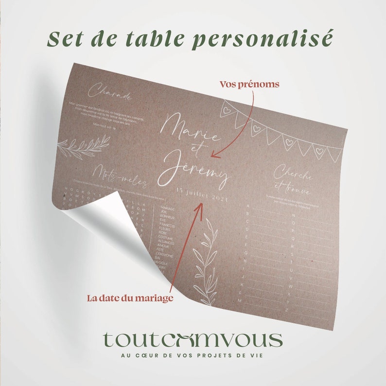 Lot de 20 sets de table personnalisés mariage avec jeux pour enfants format A3, personnalisation de vos prénoms et date du mariage image 2