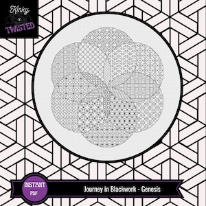 Può includere: Modello di punto croce digitale in bianco e nero, scaricabile, con un design circolare con più motivi geometrici. Il titolo "Journey in Blackwork - Genesis" è visualizzato sotto il design.