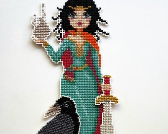 Morgan le Fay Paper Doll Cross Stitch Pattern, Arthurian Legend Embroidery Chart, Fantasy Witch Goddess Dress Up Doll Instant PDF Download