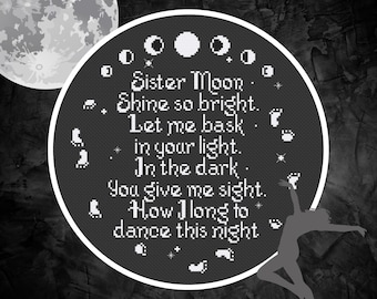 Schema punto croce preghiera Wiccan Moon, grafico ricamo affermazione donna strega, PDF istantaneo, download, poesia punto croce danza