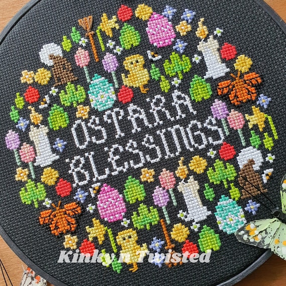Ostara Blessings 6 Inch Cross Stitch Pattern, Wiccan Easter Embroidery Pattern, Witchy Cross Stitch Chart, Witchy Home, DIY Textile Art. PDF