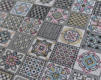 Moroccan Tile Journey in Blackwork Embroidery Pattern, Modern Bohemian Black Work Instant Download, Colourful Embroidery Project,