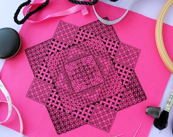 Reise In Blackwork Stickmuster, Modernes Boho Kreuzstichmuster, Geometrische geschichtete Quadrate Blackwork Chart, Instant Download.