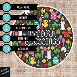 May include: A circular cross-stitch pattern with a black background and colorful embroidery. The pattern features the text "OSTARA BLESSINGS" in white lettering. The design includes various spring-themed elements such as flowers, eggs, chicks, butterflies, and candles. The pattern is 92 stitches by 92 stitches and uses 25 colors.