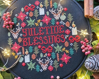 Yuletide Blessings Cross Stitch Pattern, Festive Wiccan Yule Embroidery Pattern, Christmas Cross Stitch, Vintage Christmas Decoration, PDF.