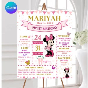 Quadro de 1º aniversário, cartaz de aniversário de marco, quadro negro de primeiro aniversário da Minnie Mouse, personalizável com link do Canva
