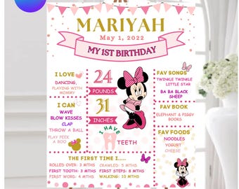 1st Birthday Board, Milestone Birthday Poster Sign, Minnie Mouse first birthday Chalkboard, customizable with canva link